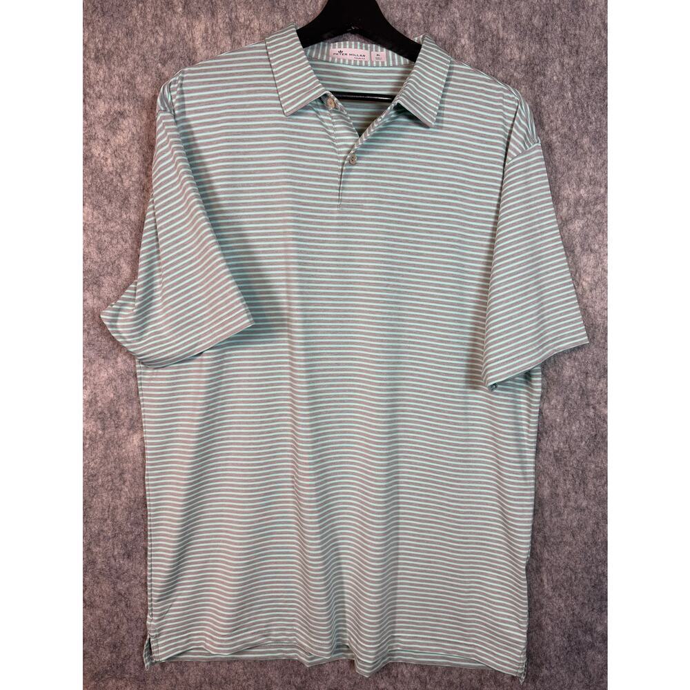 Peter Millar Mens Tour Fit Performance Golf Polo Gray Blue Striped - XL EUC